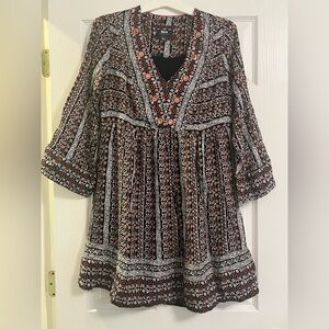 Maeve Boho Black Tunic Dress with Coral and Cream Floral Print